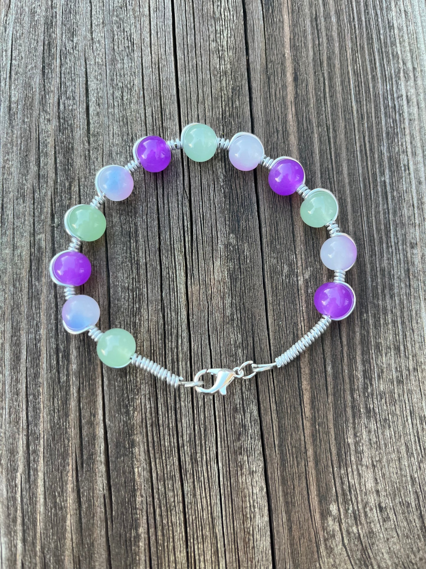 Purple and teal wire wrapped bracelet