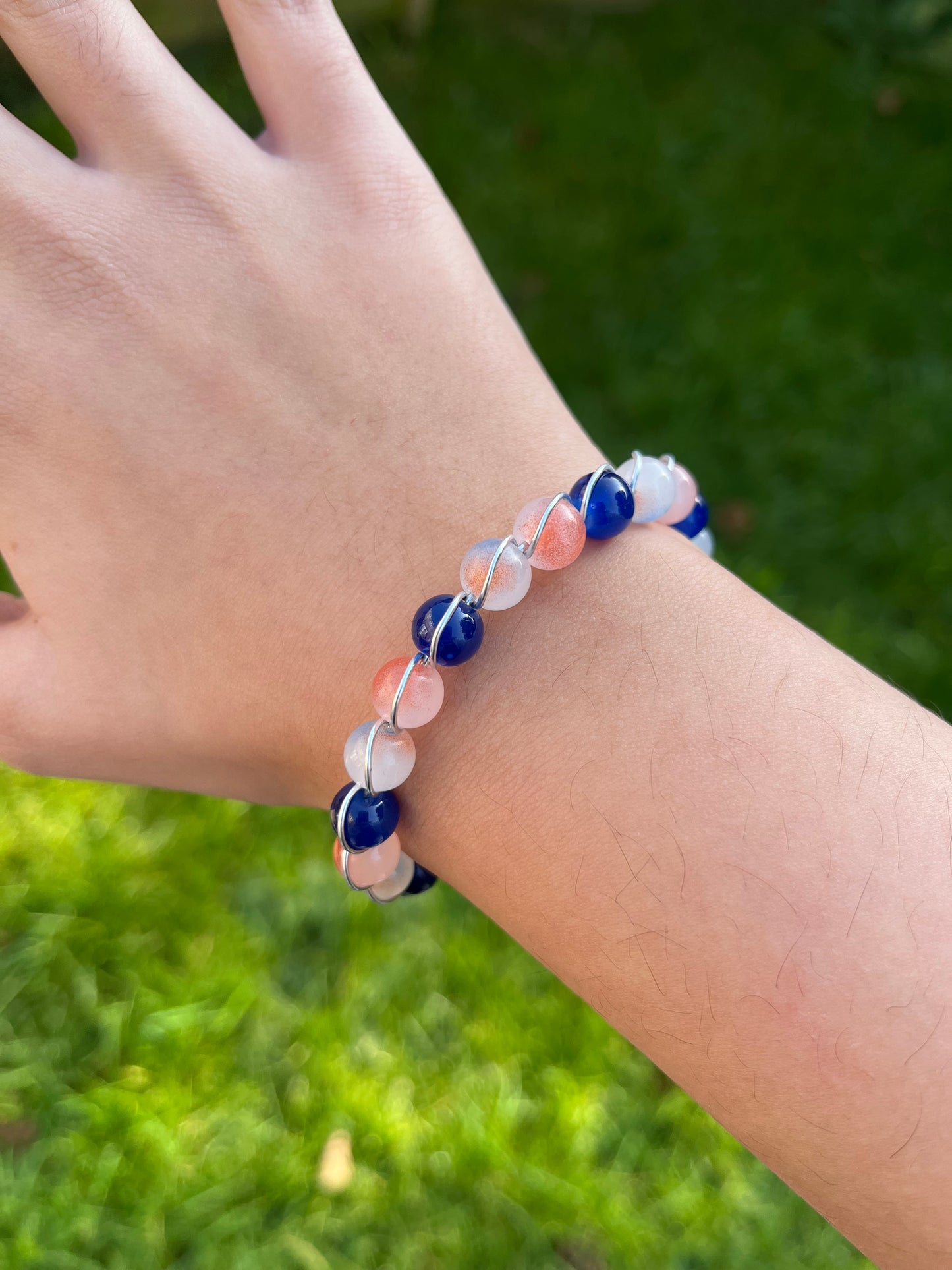Navy and peach wire wrapped bracelet