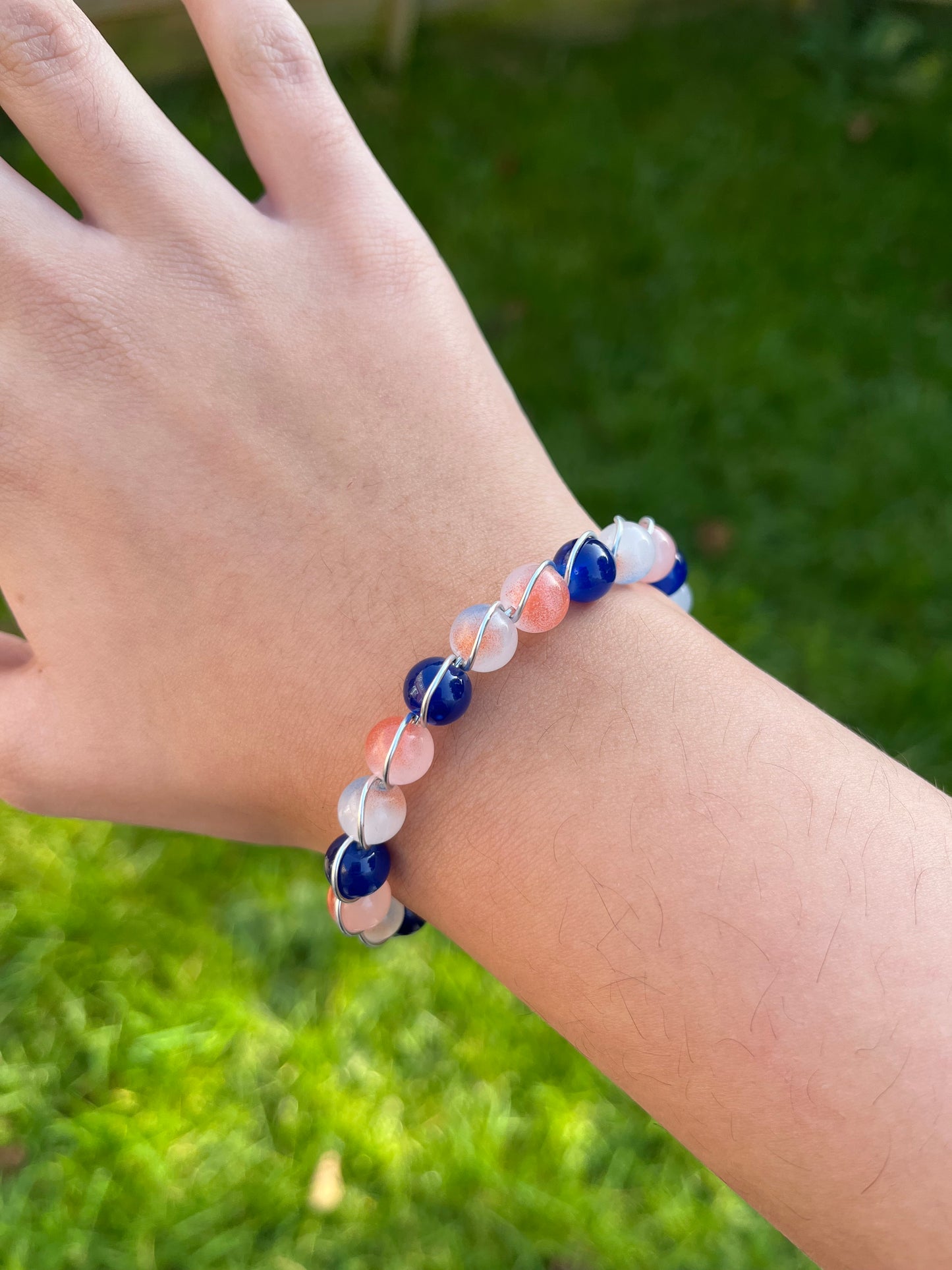 Navy and peach wire wrapped bracelet