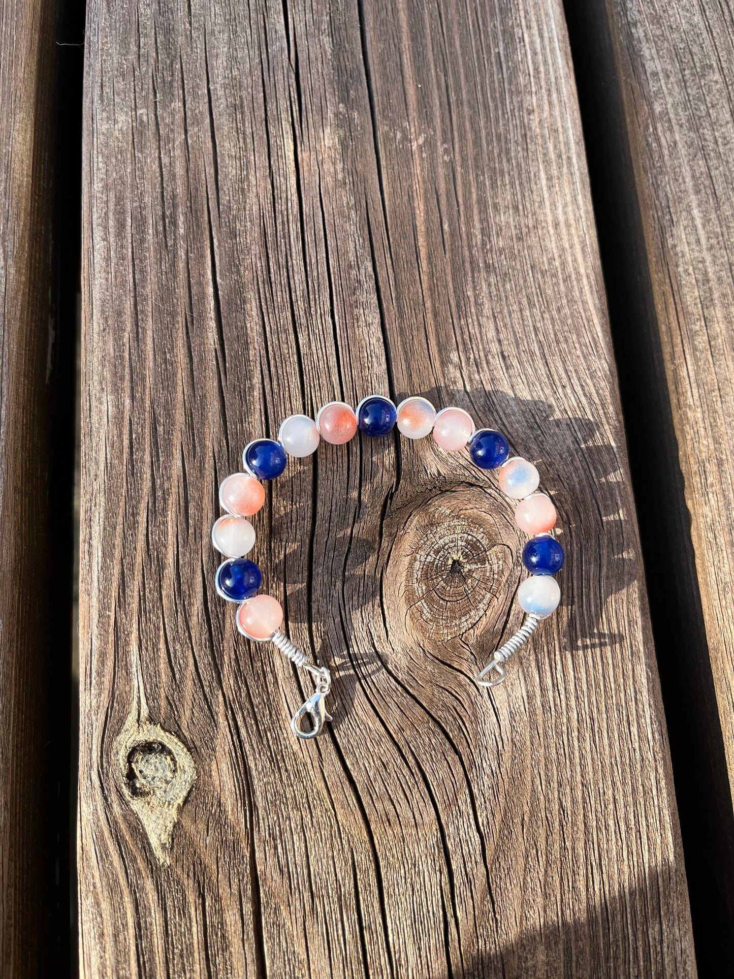 Navy and peach wire wrapped bracelet